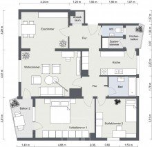 2D Grundriss Lichtdurchflutete 3,5 Zimmer-Wohnung | 2 Balkone | Zentrumsnah und dennoch im Gr�nen