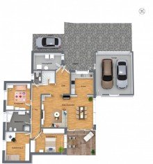 3D-Grundriss Erdgeschoss Familienfreundlicher Bungalow mit Pool | 2 Etagen | Doppelgarage & Stellpl�tze